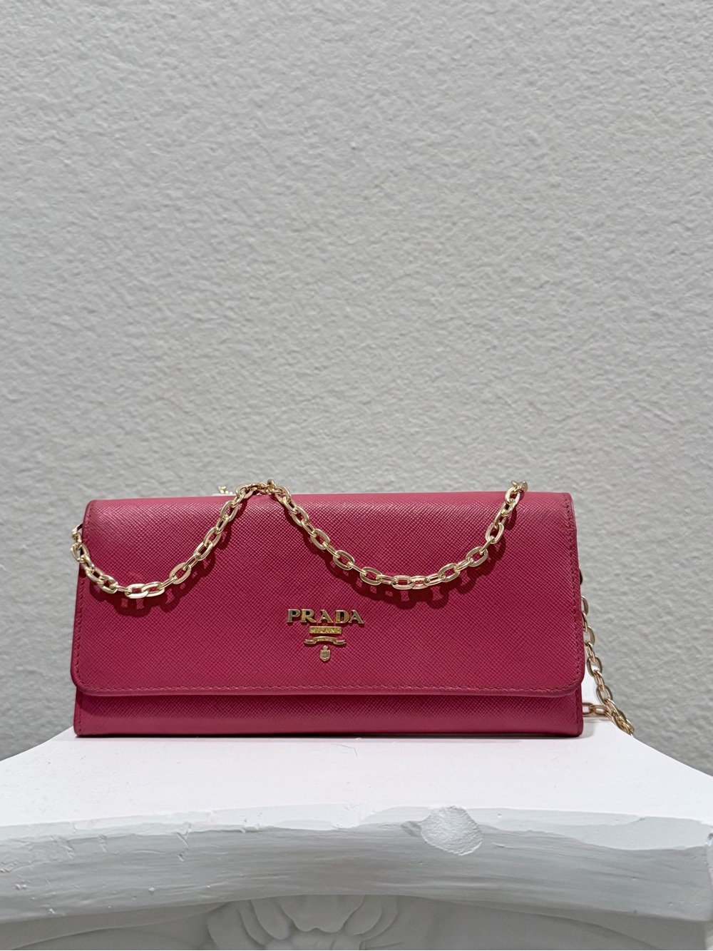 Authentic Prada Pink Saffiano Chain Clutch/Wallet.